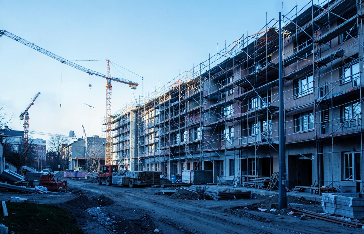Chantier de construction d'un immeuble avec échafaudages