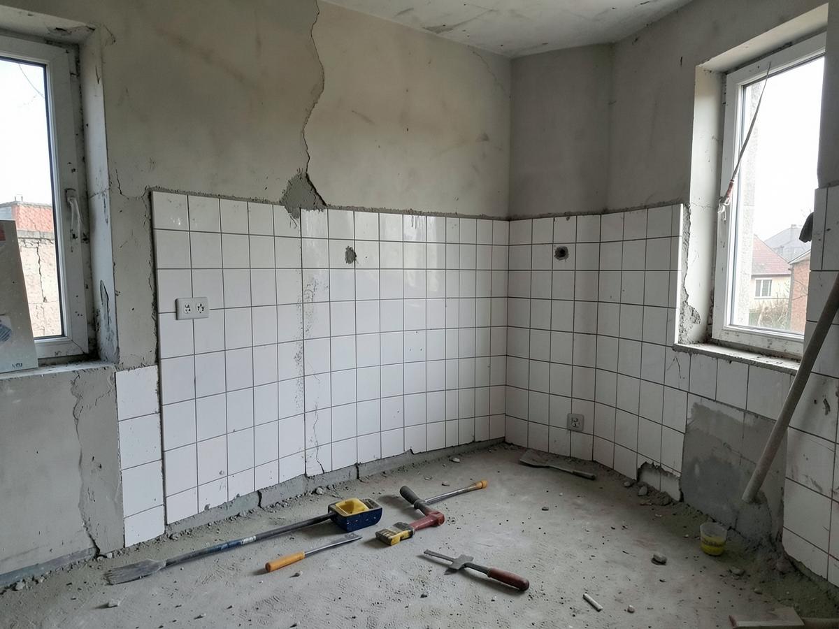 Carrelage et enduits mal réalisés dans une pièce en travaux