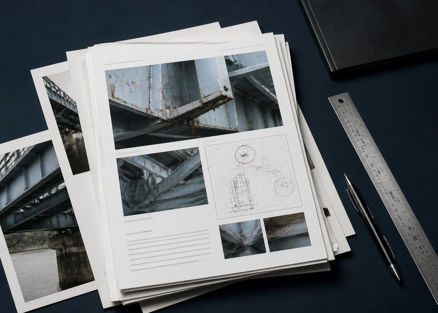 Pages d'un rapport d'expertise imprimé, photographies et schémas annotés